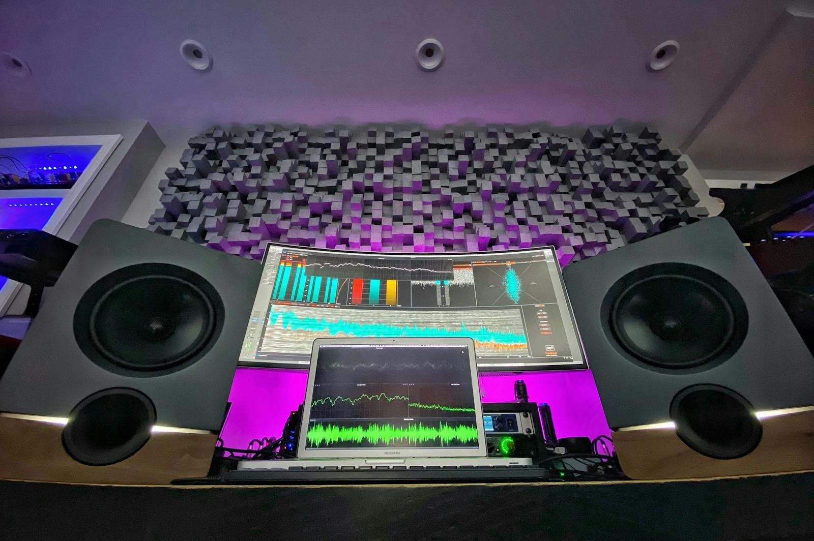 Richard Devine's home studio with Frontier studio monitors by Output and Barefoot audio