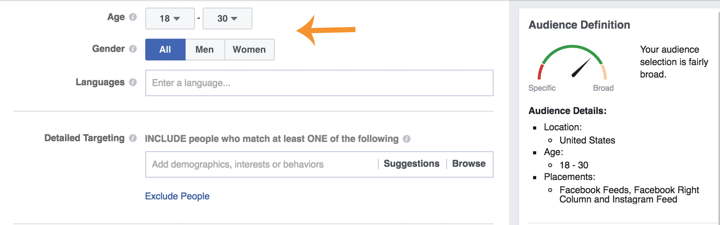 Choosing the age and gender for a Facebook ad